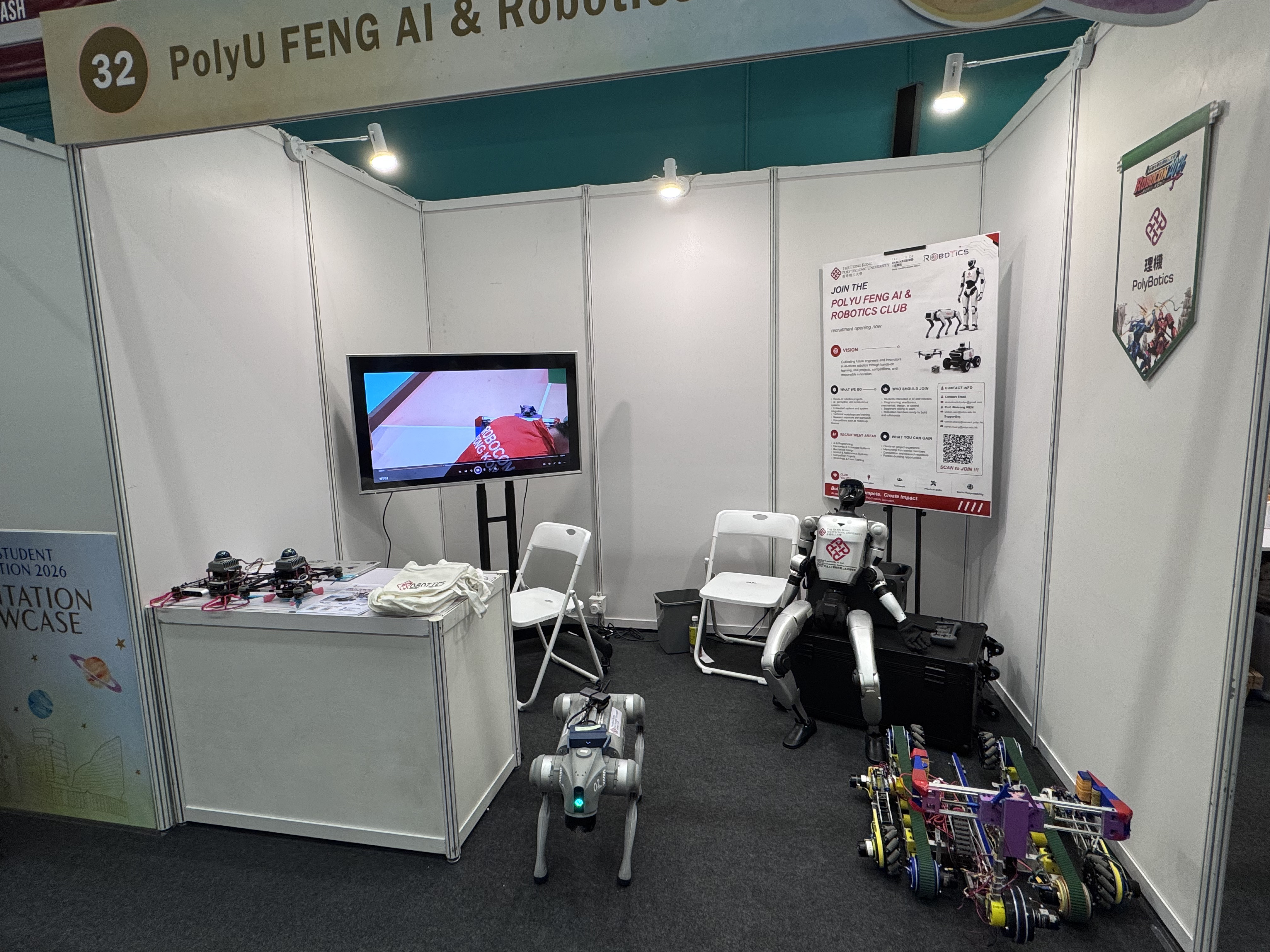Overview of the PolyU FENG AI and Robotics Club orientation booth and its robot exhibits