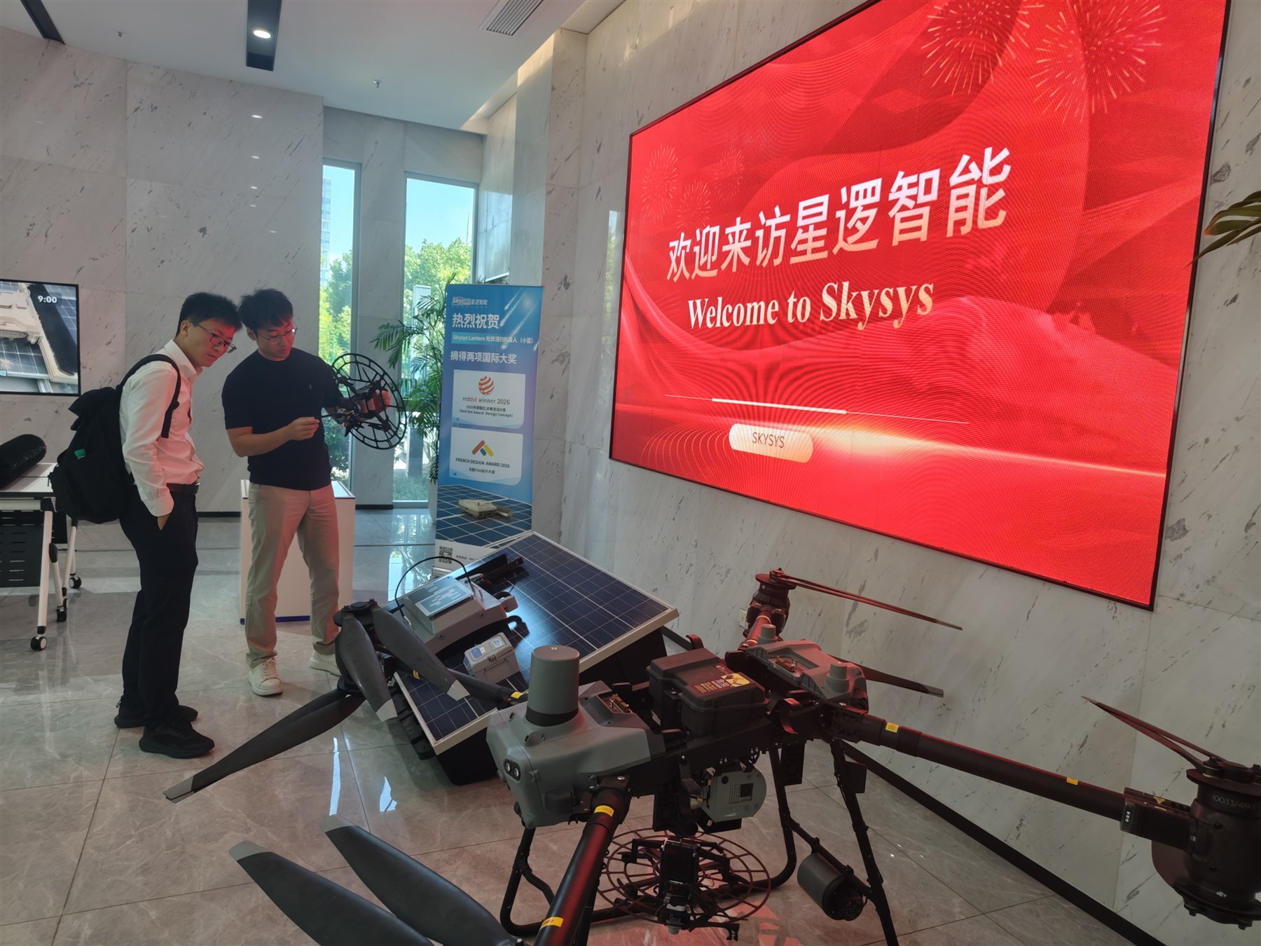 Skysys showroom with UAV platforms and solar panel cleaning equipment