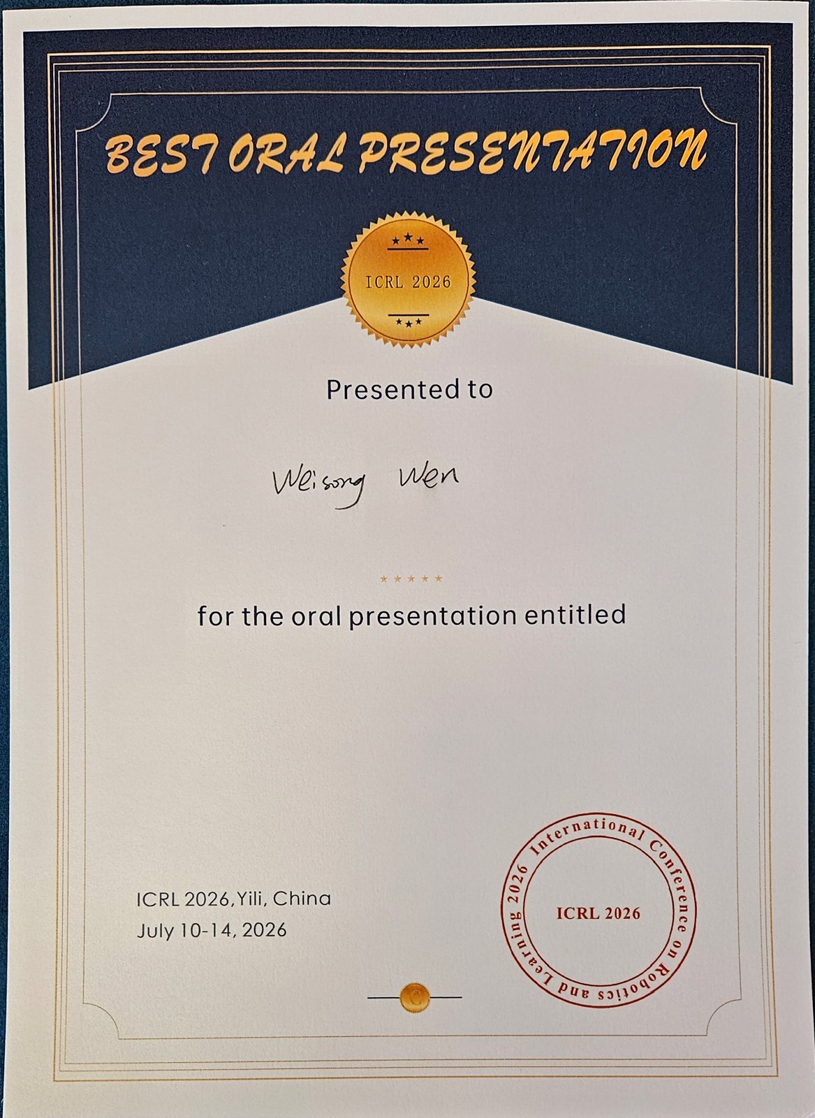 The ICRL 2026 Best Oral Presentation certificate awarded to Weisong Wen