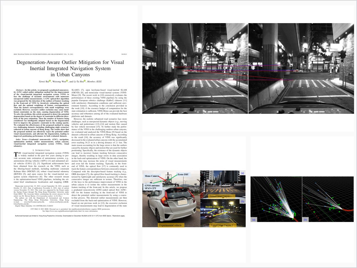 Degeneration-Aware Outlier Mitigation for Visual Inertial Integrated Navigation System in Urban Canyons