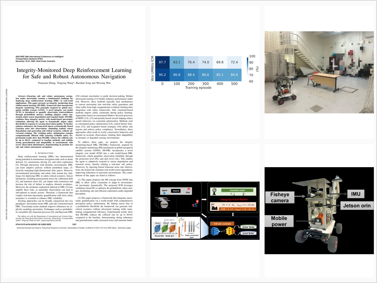 Integrity-Monitored Deep Reinforcement Learning for Safe and Robust Autonomous Navigation